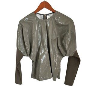 ANDREA JIAPEL LI Glossy Olive Green Puff Sleeve Top With Zipper Back Closure & L